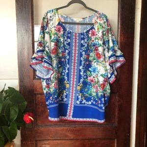 Umgee Plus Size Garden Floral Cobalt Blue Ruffle Sleeve Blouse 2X